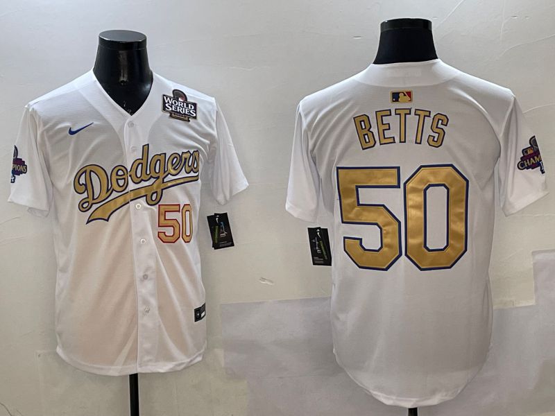 Men Los Angeles Dodgers #50 Betts White Champion gold character 2025 Nike MLB Jersey style 3